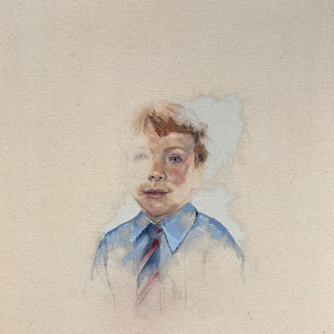 An expressive oil painting of a young boy in school uniform. The image is unfinished and he is not fully visible. He is wearing a blue shirt and red and blue tie and looking at the viewer.