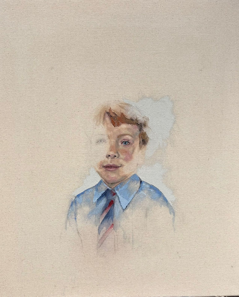 An expressive oil painting of a young boy in school uniform. The image is unfinished and he is not fully visible. He is wearing a blue shirt and red and blue tie and looking at the viewer.