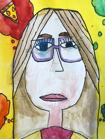 a child's watercolour portrait of a girl with long hair and glasses