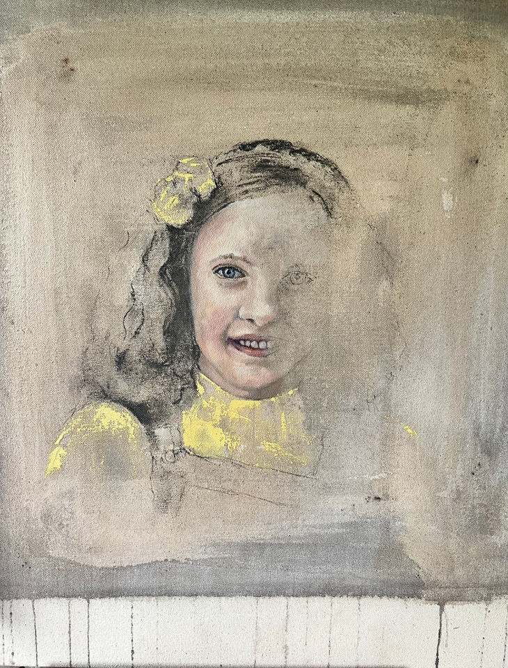 oil portrait of a young girl smiling, wearing a yellow jumper. The image is fading away.