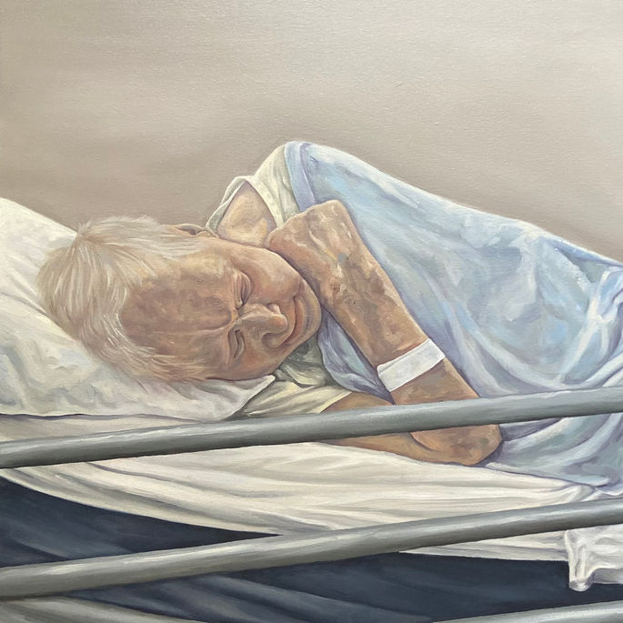 oil portrait of an old man in hospital bed, ill forlorn, vigil.