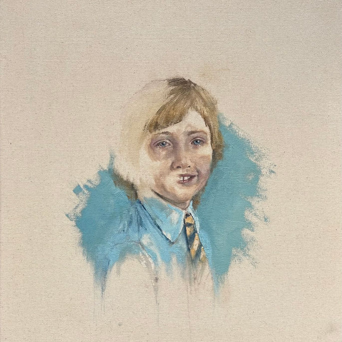 an expressive oil portrait of a young girl in school uniform. The image is unfinished and parts of it are left unpainted. Most of the background is bare canvas with a small area of blue around the figure. The girl is sitting sideways, her head turned towards the viewer. Her hair is blond and she is wearing a blue shirt and a yellow and black tie. She is smiling. The effective is ethereal.