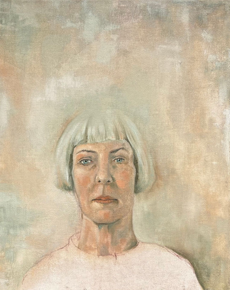 An expressive oil painting of a women, head and shoulders pose. She is facing straight forward and not smiling. Her hair is cut in a white bob.
