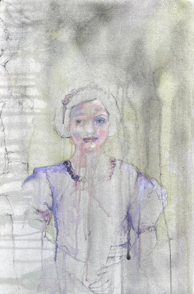 flower girl oil portrait
an expressive oil painting of a young girl dressed to attend a wedding. Very sparsely painted with areas left as drawing.