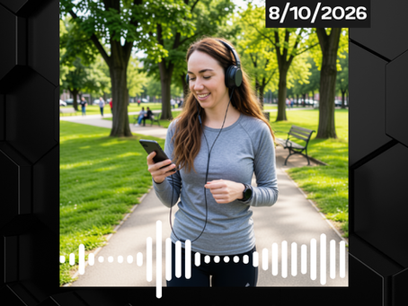 Poster of a woman in headphones walking in a sunny park with a phone; text reads THE CURIOUS PROFESSIONAL, 8/10/2026