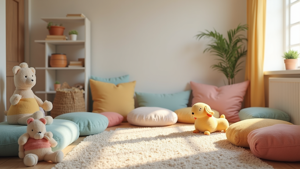 Eye-level view of a cozy therapy room with colorful toys and soft cushions