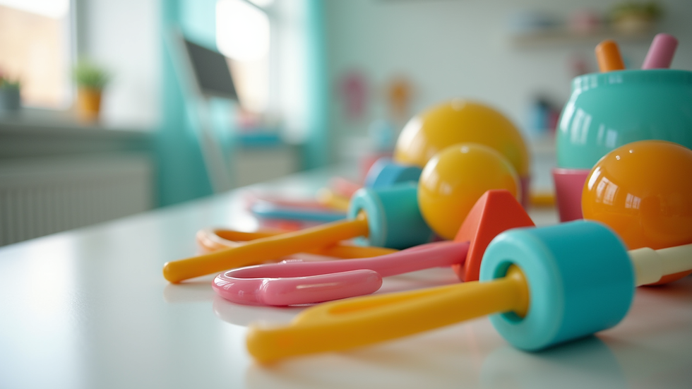 Close-up view of colorful therapy tools arranged neatly in a child-friendly clinic