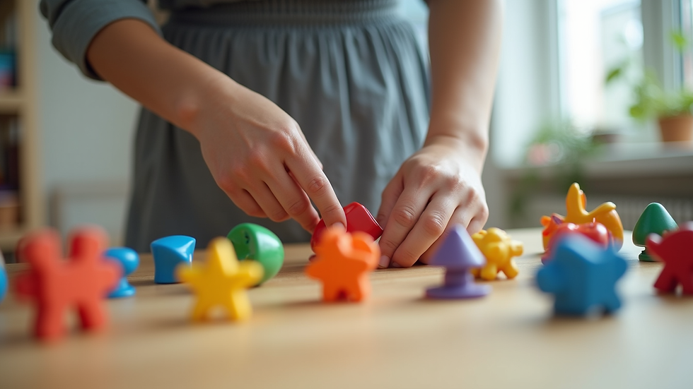 Close-up view of a therapist’s hands arranging colorful therapy toys on a table