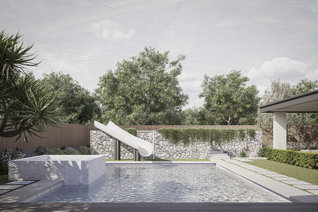Looking over a modern concrete pool with seperated spa bath and slide. Blends the sharp lines of the architecture with the dynamic greenery.