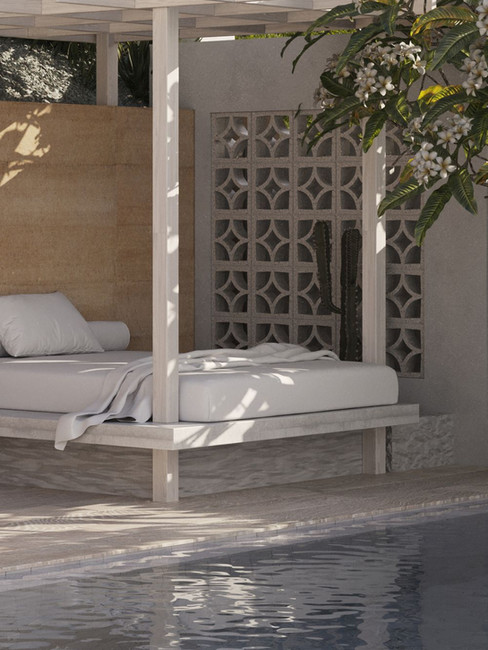 North Avoca - 3d Design of custom designed Cabana, Daybed & Sandstone retaining wall.