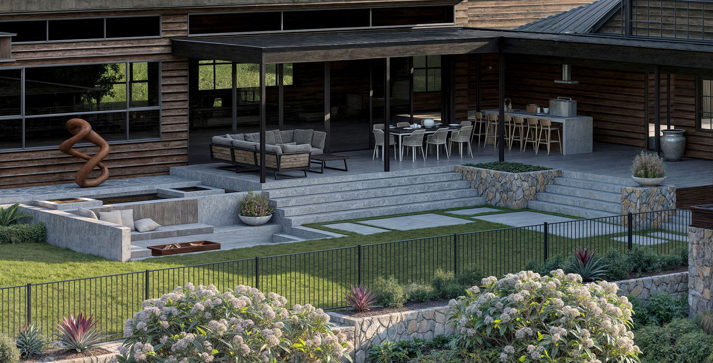 Luxury Design outdoor space with a sunken garden and stairs to an outdoor kitchen and dining space. Surrounded by lush landscaping.
