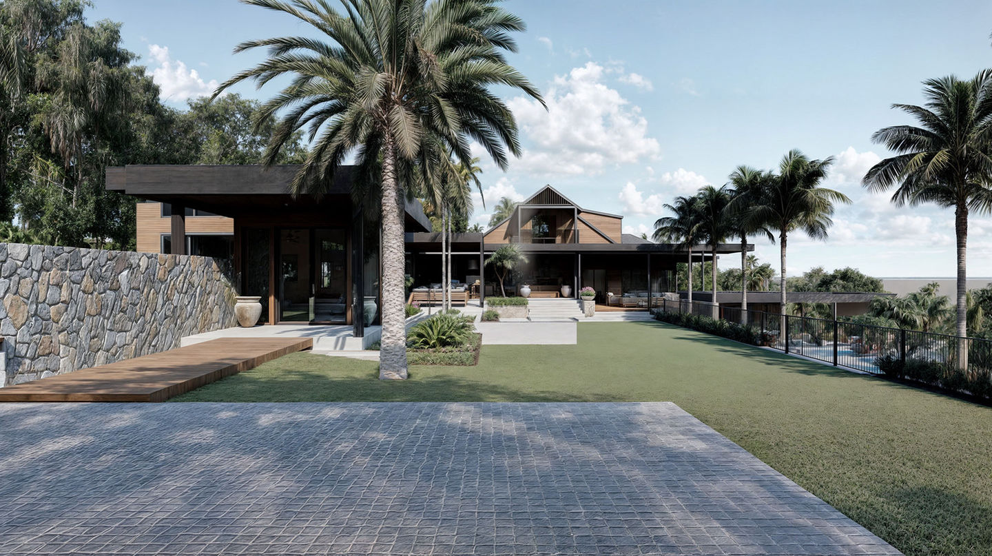 A look at the open grass entertainment area with surrounding palm trees