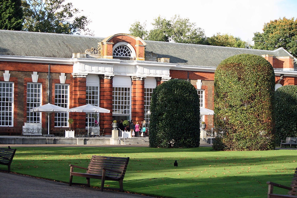 The Orangery is surrounded by lawns and bushes