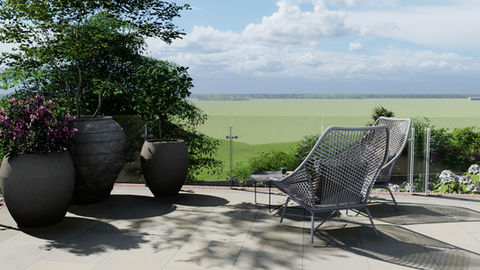 Poolside seating area with large planters and countryside views.