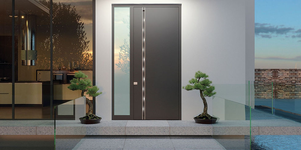 Contemporary dark front door with a frosted glass side panel between potted bonsai trees