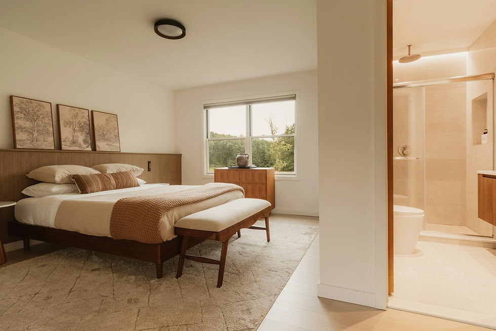 Bedroom with an open doorway into a small en suite shower room