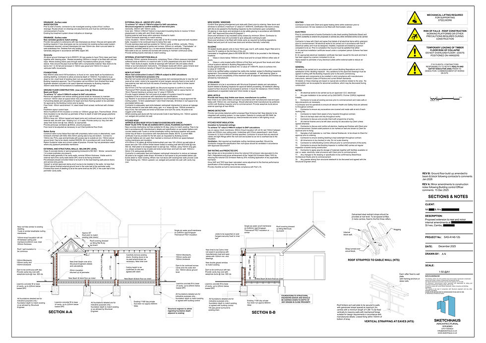 Real architectural sections and construction notes drawings for a single storey extension built by Heritage Build Group, with the customer details removed