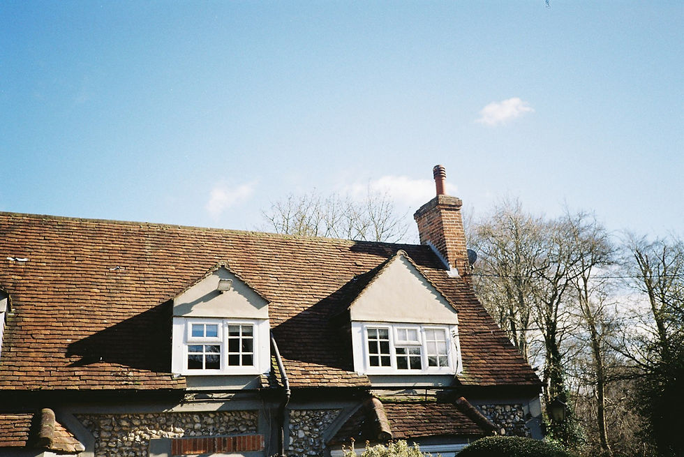 Tiled roof with two gabled dormer windows and a brick chimney