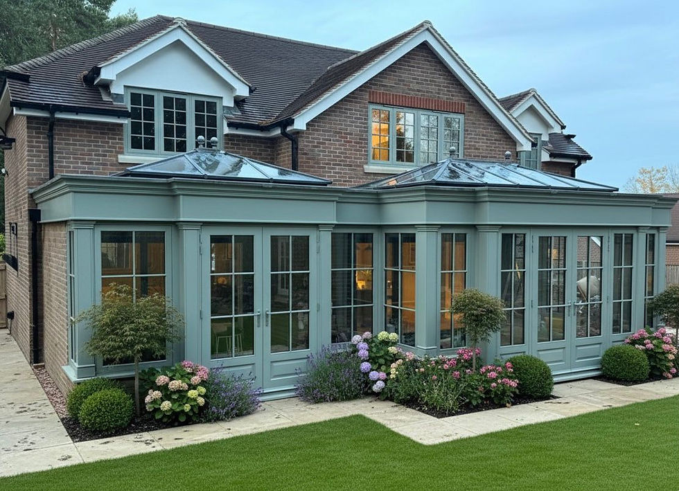 Sage green painted timber orangery with a stepped front and two glazed roof lanterns at dusk