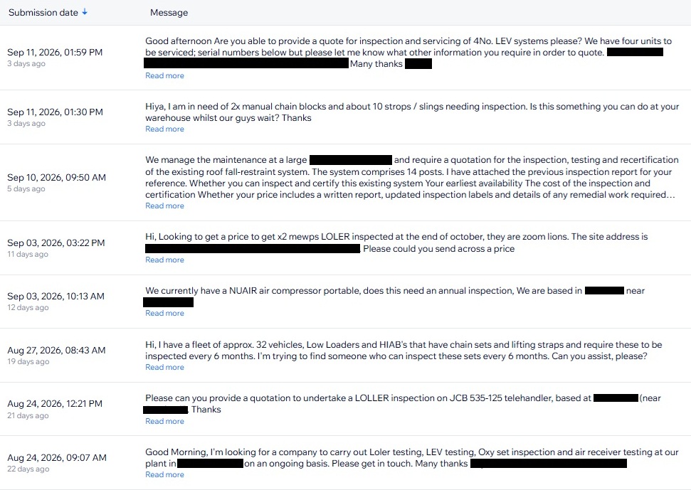 Website enquiry form submissions received by an equipment inspection company