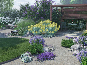 3D render of garden design with gravel path and timber pergola in thames ditton