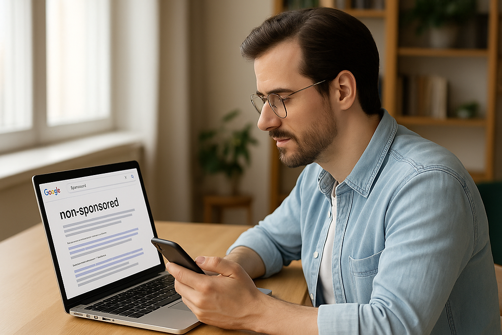 Person choosing an organic search result over a paid Google ad on a phone or laptop