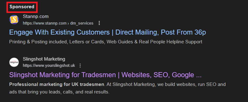Comparison of Google search results showing a paid PPC ad versus an organic SEO result