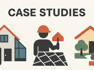 Case studies infographic, showing a glass extension, landscaper and builder