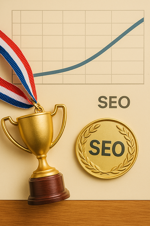 Trophy graphic showing SEO as the winning strategy over PPC with growth chart behind