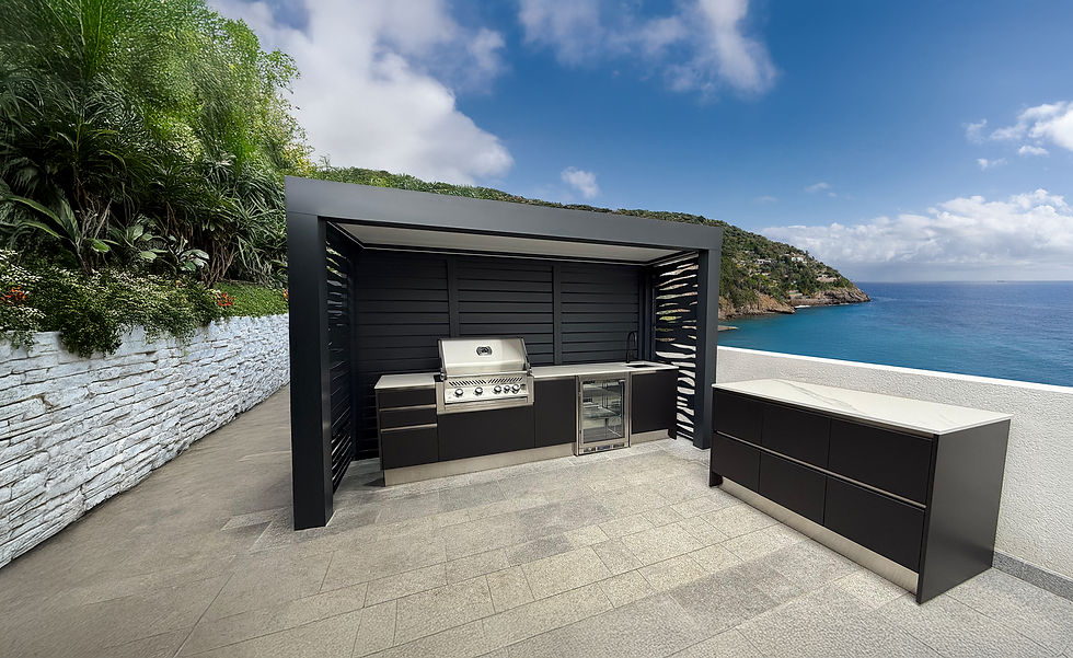Black modular outdoor kitchen with a stainless grill and wine fridge under a slatted black canopy on a terrace