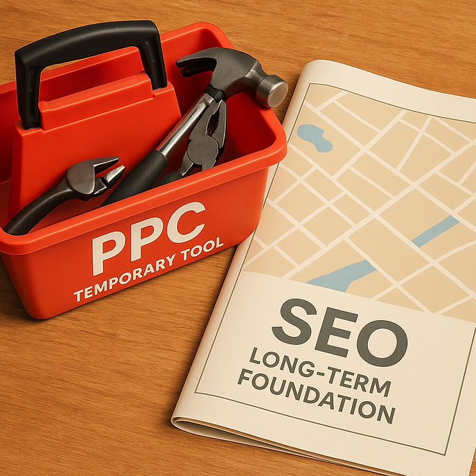 Visual metaphor with PPC as a temporary tool and SEO as a solid long-term foundation