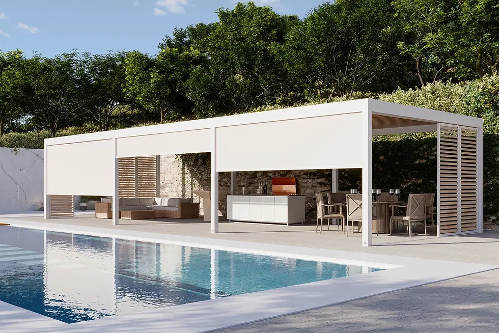 Long white louvred pergola with slatted side panels and zip blinds sheltering an outdoor kitchen and seating by a pool