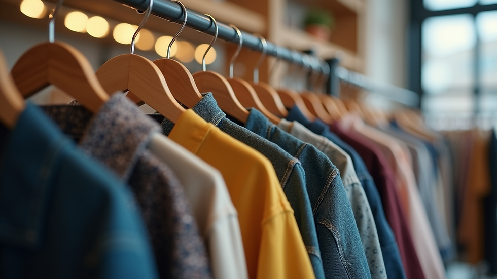 Eye-level view of a clothing rack displaying trendy apparel