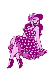 Pinup illustration in purple. wearing a long polkadot dress and smiling