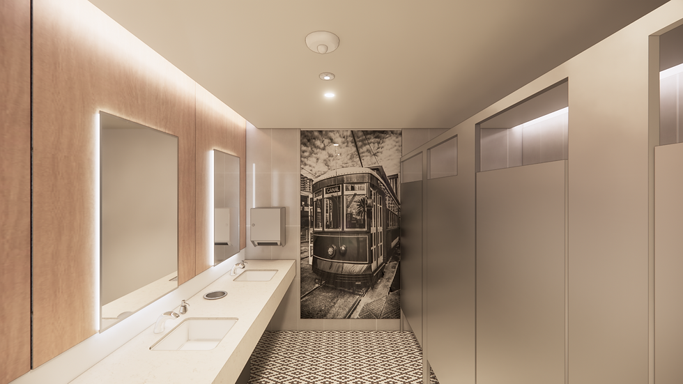 Rendered image of a modern public restroom with black and with penny tile diamond pattern on the floor, sinks on the left and gunmetal colored metal stalls on the right and an image of a black and white streetcar image on the end wall.