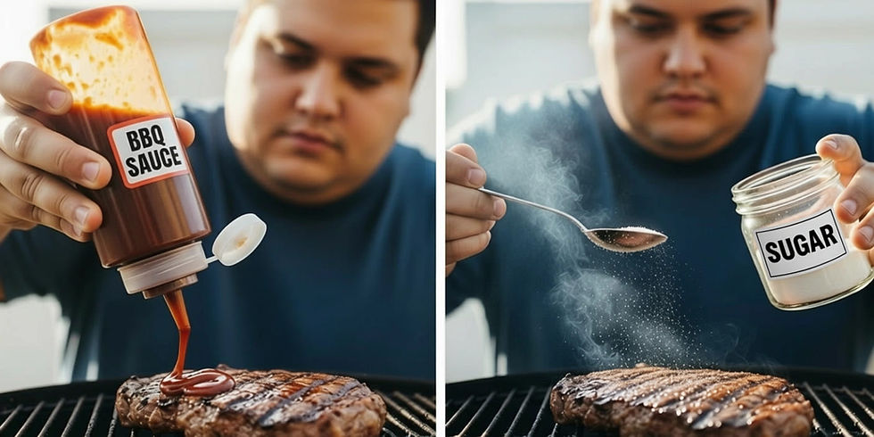 A two-part image showing a man preparing a steak on a grill. The left side shows him pouring BBQ sauce from a bottle labeled