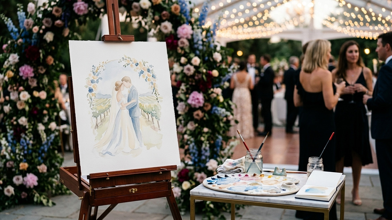 Pintura ao vivo da cena do casal em tela de papel de algodão na atração de live wedding painting por Carolina Suffi aquarelista.