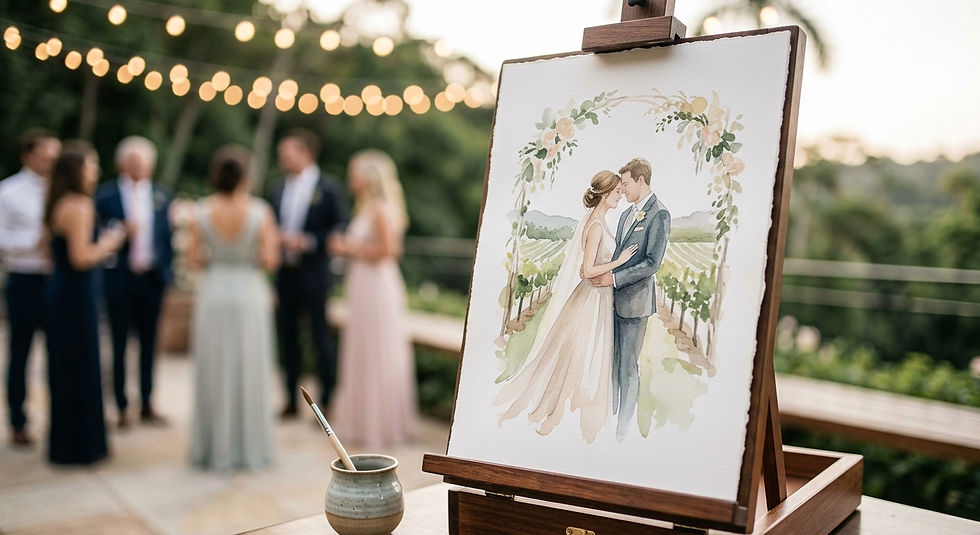 Pintura ao vivo em aquarela da cena do casal na atração de live wedding painting por Carolina Suffi aquarelista.