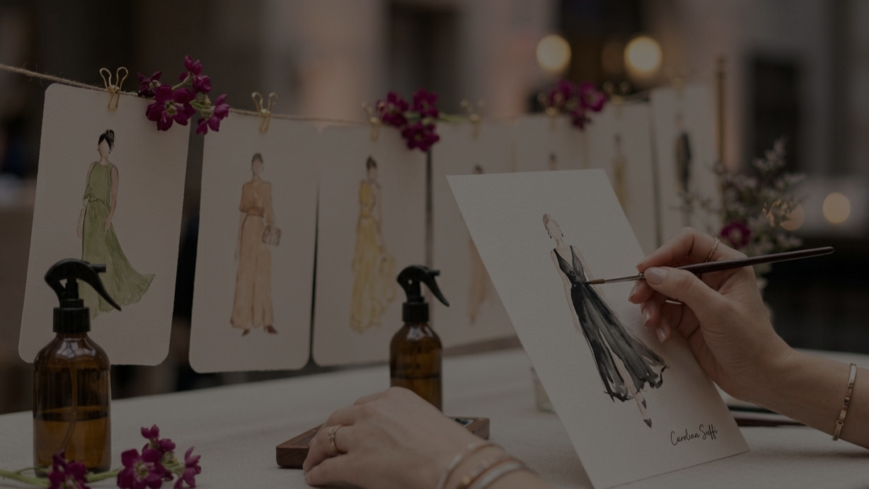 Mosaico de retratos em aquarela minimalista e estampa de convidados como lembrança autoral de casamento em papel de algodão por Carolina Suffi aquarelista.