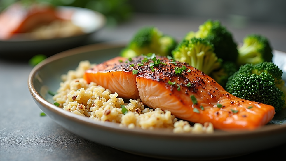 Close-up of a balanced plate with grilled salmon, quinoa, and steamed broccoli