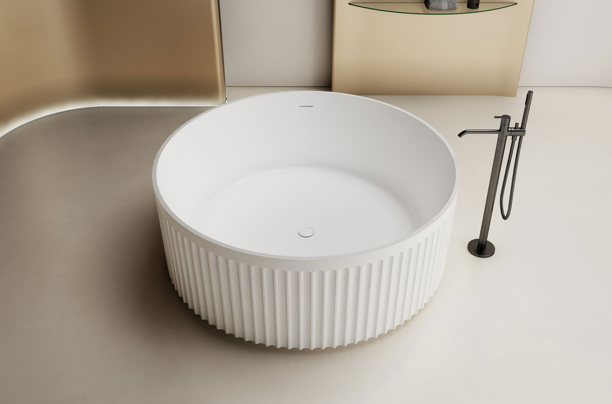 Fluted Round Composite Stone Freestanding Bath 1500mm Matte White