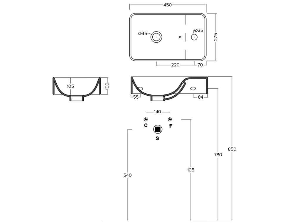 Thumbnail: The ArtCeram Savon Wall Basin 450x275x100 1TH-Gloss White