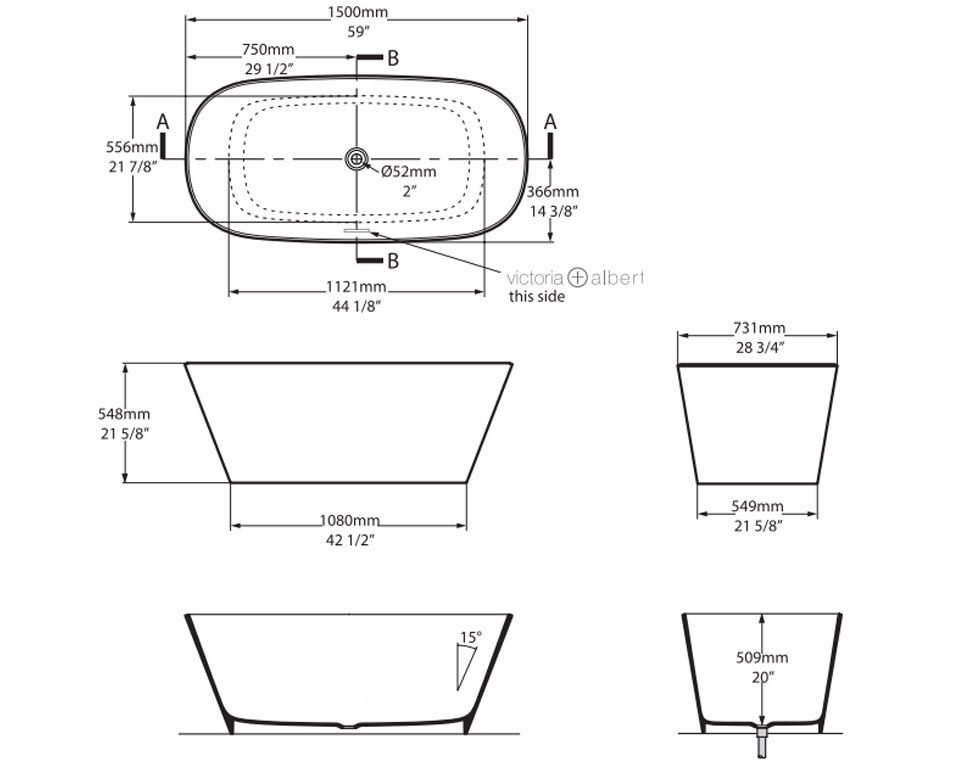 Thumbnail: Victoria+Albert Vetralla Quarrycast Freestanding Bath 1500x731x548mm