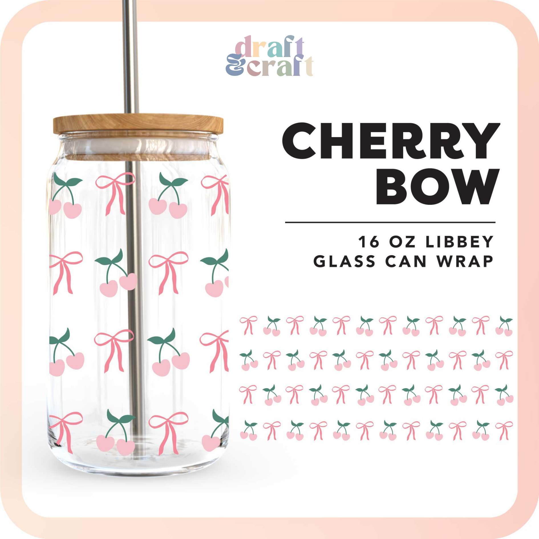 Pink Cherry Bow Glass Cup: Clear 160z