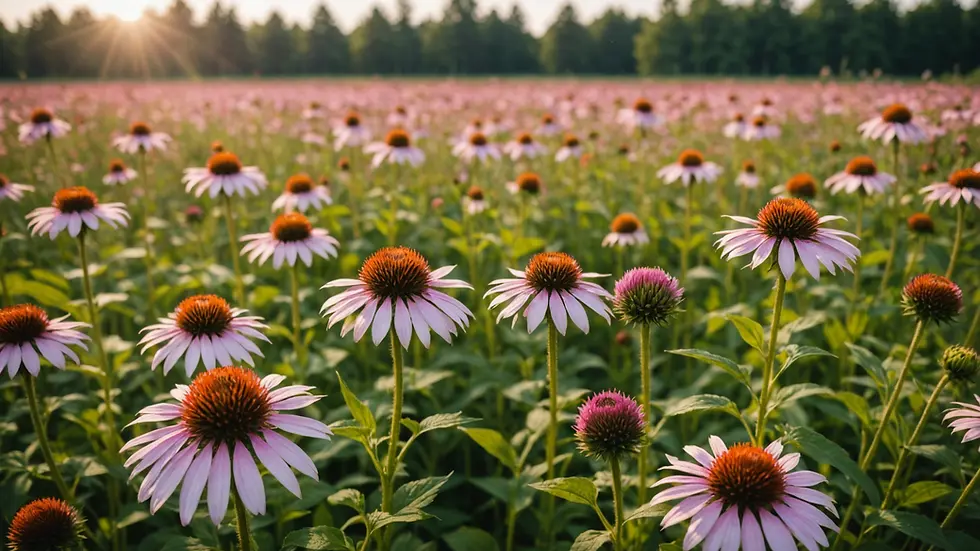 Eye-level view of echinacea flowers blooming in a field