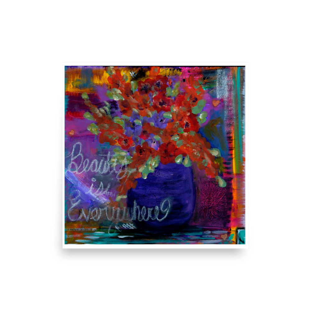 Abstract painting of blue vase with red flowers and "Beautiful Everywhere"