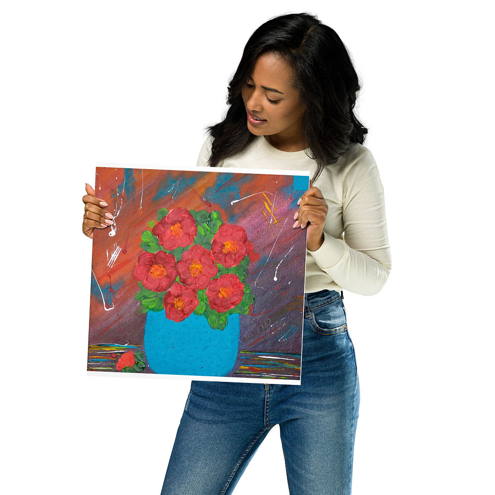 Woman holding painting of red flowers in blue pot