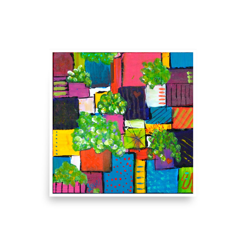 Neon Chaos artwork with colorful blocks and plants