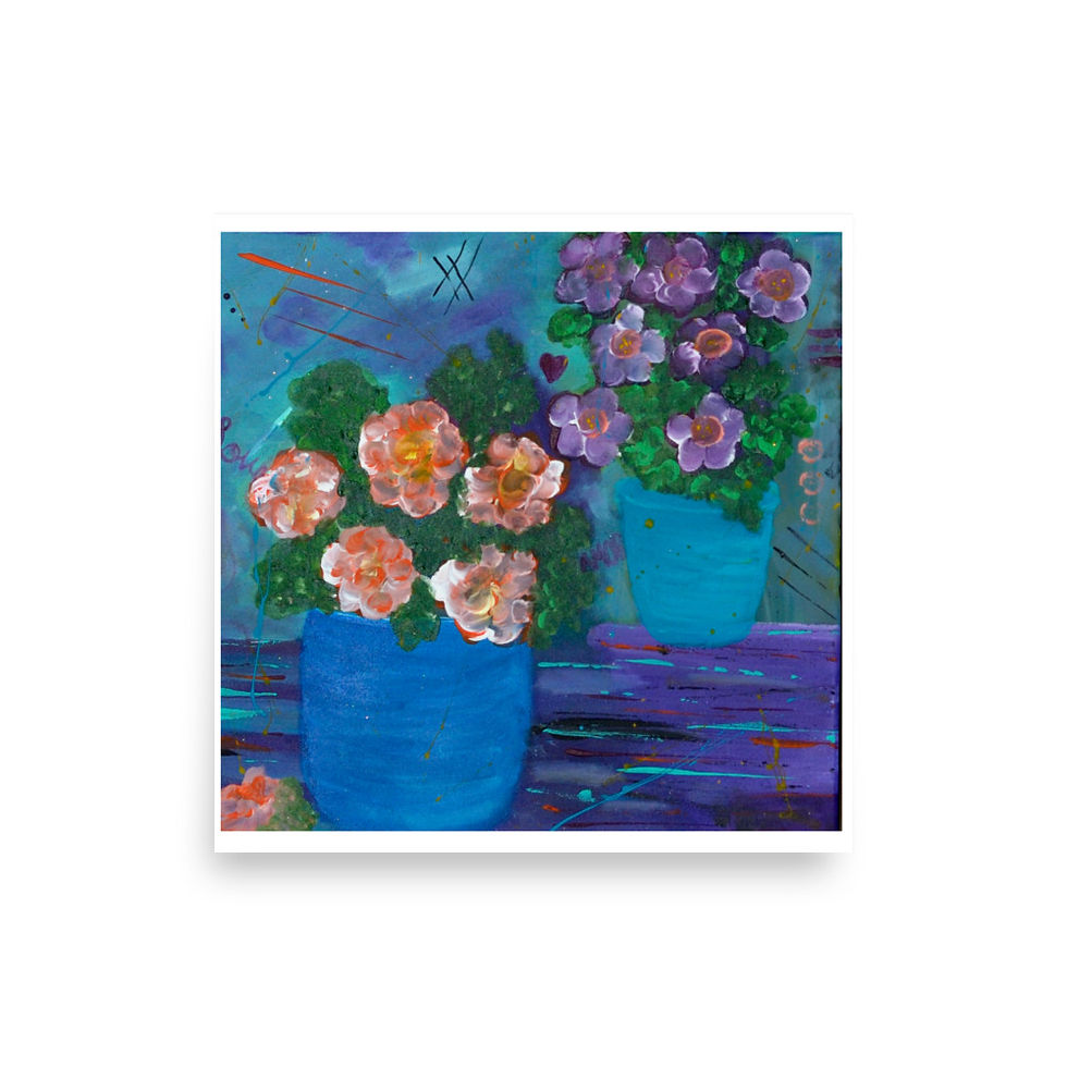 Blue pots with peach and purple flowers in vibrant artwork