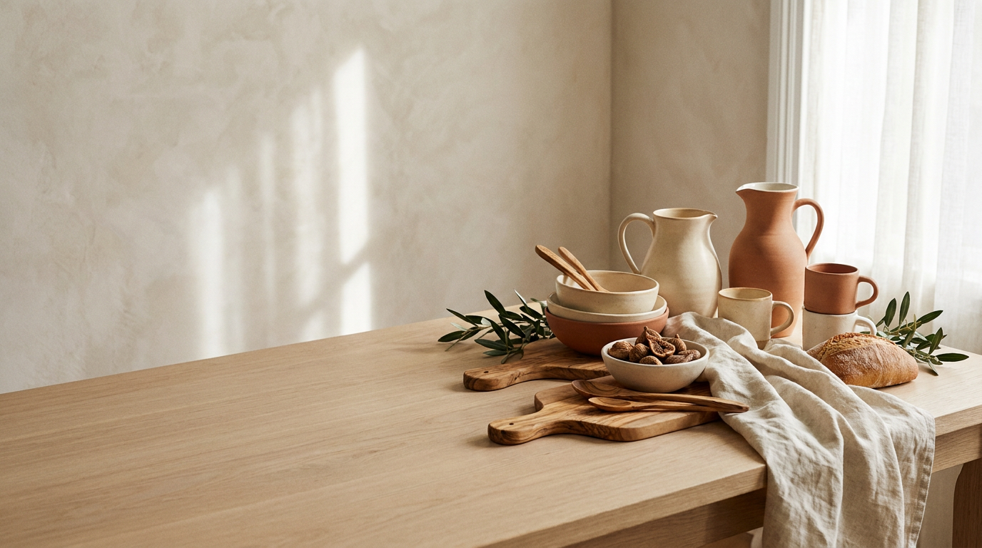 Handmade ceramics, linen textiles and olivewood objects on a sunlit oak table